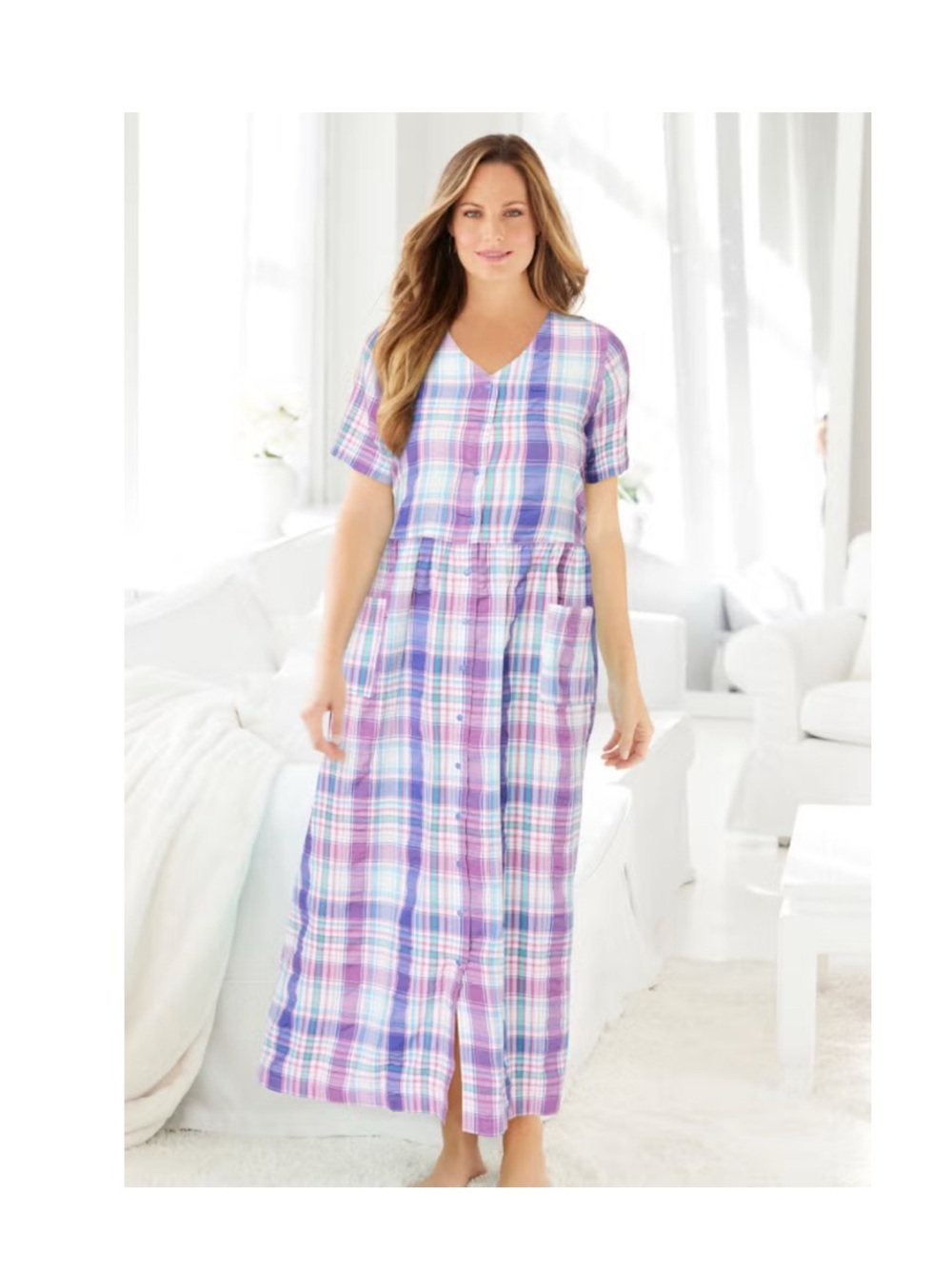 Women Within Long Seersucker Lounge Dress 1X Coastal Plaid Pastel Grunge House